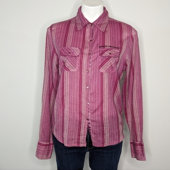 Harley Davidson pink purple striped collared button up shirt L - Picture 1 of 9